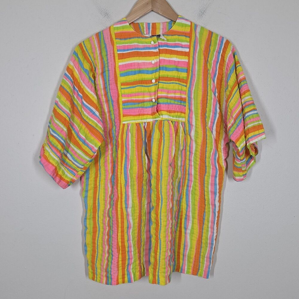 Vtg 70s Catalina Neon Rainbow Stripe Swim Coverup Top M Retro Mod Colorful Funky
